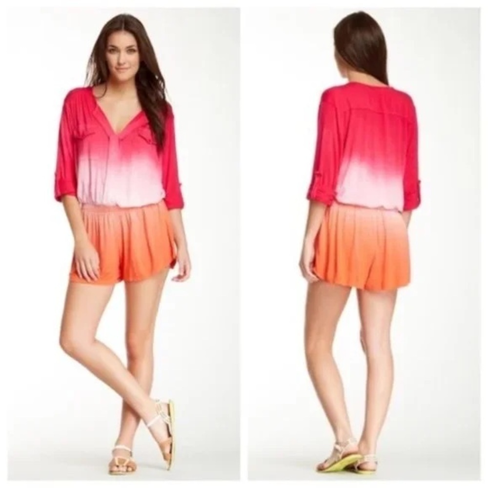 Young Fabulous & Broke Malik Romper XS pink orange ombre tie dye roll tab sleeve